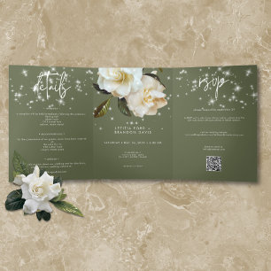 Invitation Trois Volets Gardenias blanches modernes sur Sage Sparkle Maria