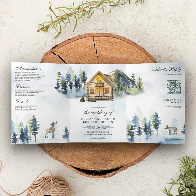 Invitation Trois Volets Gîte de cabane rustique en forêt de montagne Code  (Créateur téléchargé)
