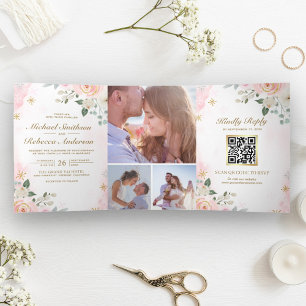 Invitation Trois Volets Gold Blush rose Floral Photo QR Code Mariage