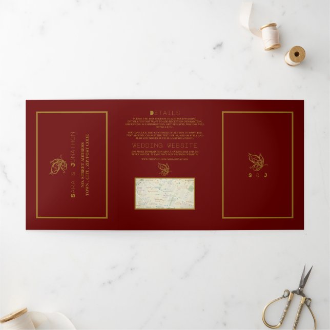 Invitation Trois Volets Gold Butterfly, Red & Gold Mariage Suite (Extérieur)