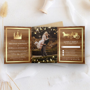 Invitation Trois Volets Gold Fairytale Castle Princess Carriage Mariage