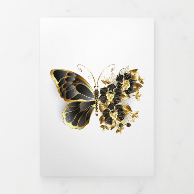 Invitation Trois Volets Gold flower Butterfly with Black Orchid (Page de couverture)
