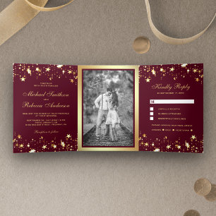Invitation Trois Volets Gold Foil Stars Confetti Burgundy Mariage