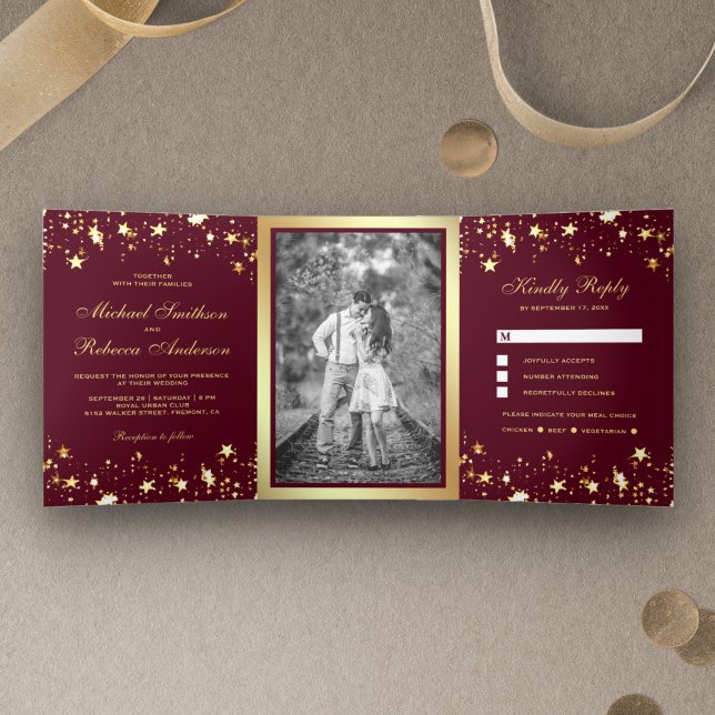Invitation Trois Volets Gold Foil Stars Confetti Burgundy Mariage (Créateur téléchargé)