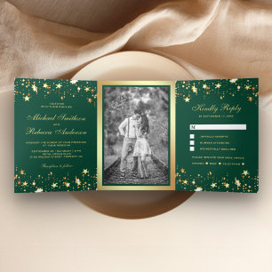 Invitation Trois Volets Gold Foil Stars Confetti Emerald Green Mariage