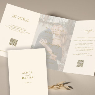 Invitation Trois Volets Gold ivoire photo mariage RSVP détails QR code