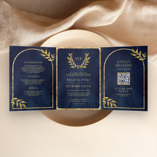 Invitation Trois Volets Gold Laurel Wreath Feuille Marine Blue Mariage