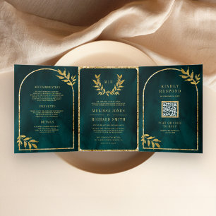 Invitation Trois Volets Gold Laurel Wreath Feuilles Dark Turquoise Mariage