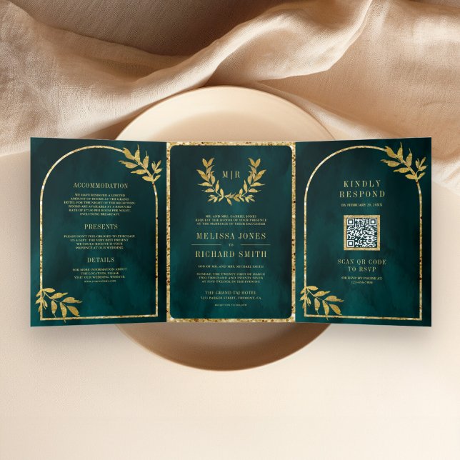 Invitation Trois Volets Gold Laurel Wreath Feuilles Dark Turquoise Mariage (Créateur téléchargé)