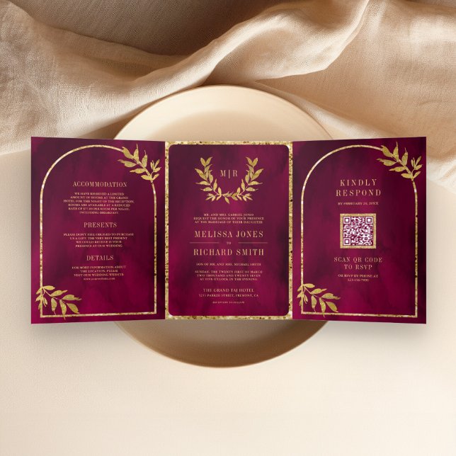 Invitation Trois Volets Gold Laurel Wreath Feuilles Fuchsia Magenta Mariag (Créateur téléchargé)