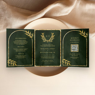 Invitation Trois Volets Gold Laurel Wreath Feuilles Olive Green Mariage