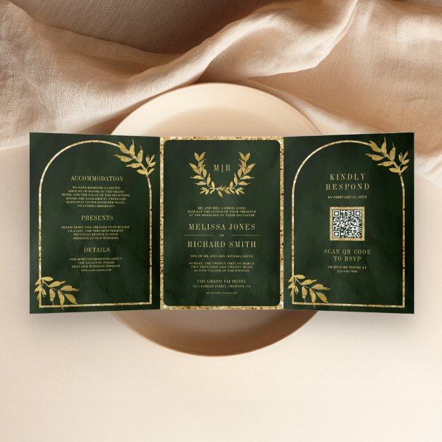 Invitation Trois Volets Gold Laurel Wreath Feuilles Olive Green Mariage (Créateur téléchargé)