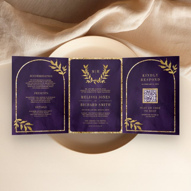 Invitation Trois Volets Gold Laurel Wreath Feuilles Royal Purple Mariage (Créateur téléchargé)