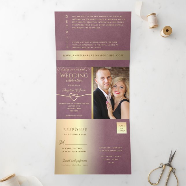 Invitation Trois Volets Gold Mauve violet Mariage (Intérieur)