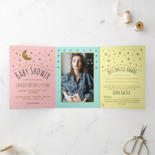 Invitation Trois Volets Gold Moon & Stars, Pastel Color Baby shower Suite