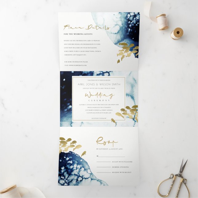 INVITATION TROIS VOLETS GOLD NAVY SOUS L'EAU POISSON MARIAGE DE COULEUR D' (Intérieur)