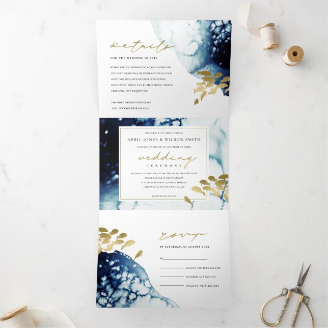 INVITATION TROIS VOLETS GOLD NAVY SOUS L'EAU POISSON MARIAGE DE COULEUR D' (Intérieur)