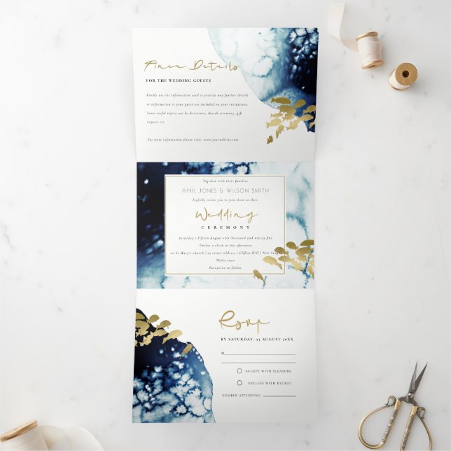 INVITATION TROIS VOLETS GOLD NAVY SOUS L'EAU POISSON MARIAGE T (Intérieur)