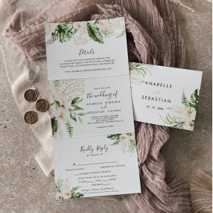 Invitation Trois Volets Gold Tropical Foliage Floral Mariage