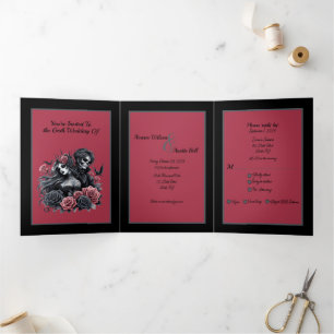 Invitation Trois Volets Goth Mariée et la chambre noire rose gris tricot I