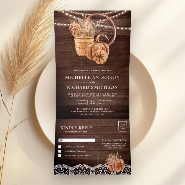 Invitation Trois Volets Grange Bois Rustique Boho Citrouille Automne Maria (Créateur téléchargé)