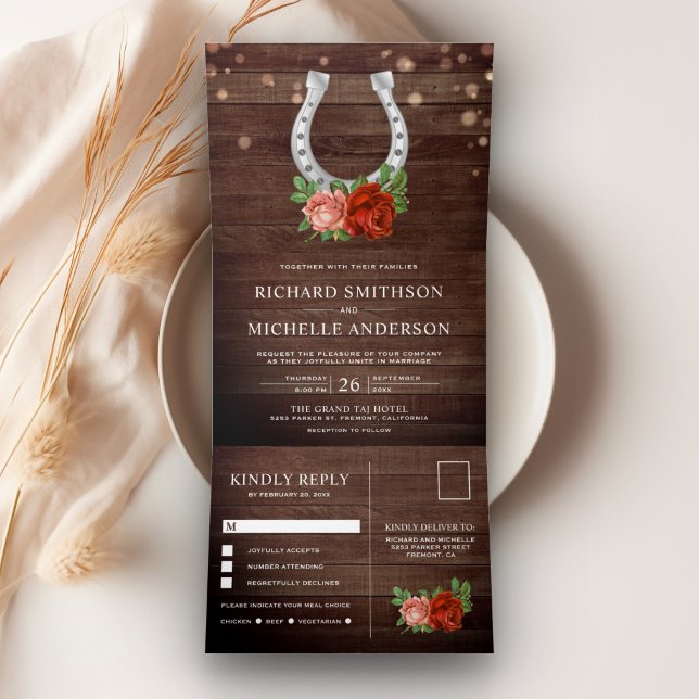 Invitation Trois Volets Grange de Campagne Rustique en Bois Floral Fer à C (Créateur téléchargé)