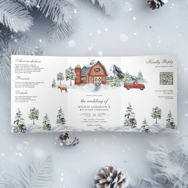 Invitation Trois Volets Grange Rouge enneigée Noël d'hiver Code QR Mariage (Créateur téléchargé)