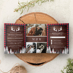 Invitation Trois Volets Grange Rustique Bois Rouge Buffalo Carreaux Andoui