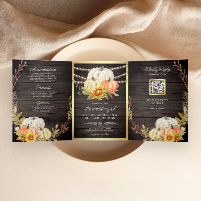 Invitation Trois Volets Grange Rustique Bois Tournesol Citrouille Code QR  (Créateur téléchargé)