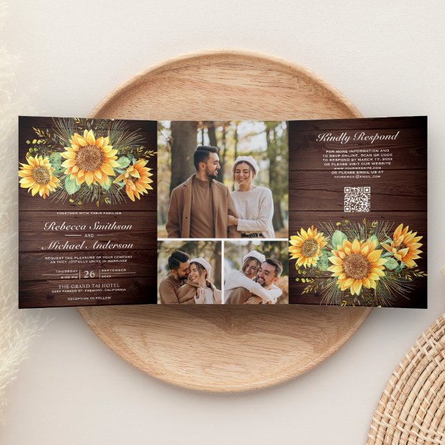 Invitation Trois Volets Grange Rustique Bois Tournesols Photo Code QR Mari (Créateur téléchargé)