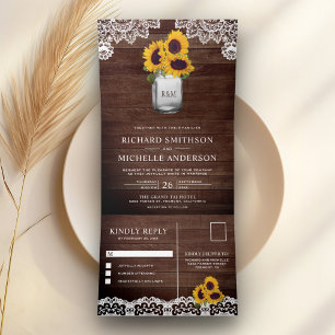Invitation Trois Volets Grange Rustique Bois Tournesols Pot Mason Lace Mar