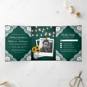 Invitation Trois Volets Guirlande Lumineuse en Bois Rustique Vert pour Mar