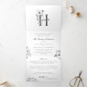 Invitation Trois Volets 'H' Monogramme Beau Mariage floral croisé