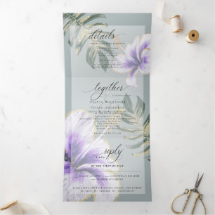 Invitation Trois Volets Hibiscus d'aquarelle violet Mariage floral Tri-Fol