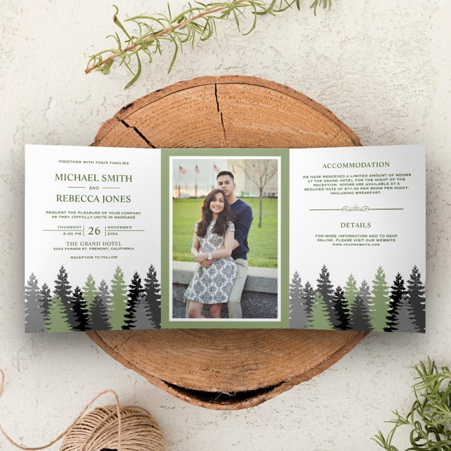 Invitation Trois Volets Hiver Bois Pins Arbres Photo Mariage Forêt (Créateur téléchargé)