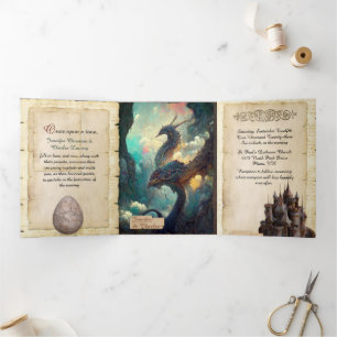 Invitation Trois Volets Imaginaire Dragons et Château Fairytale Mariage