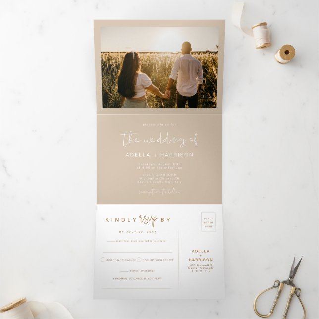 Invitation Trois Volets INDIE Boho crème Beige Earth Tone Mariage (Intérieur)