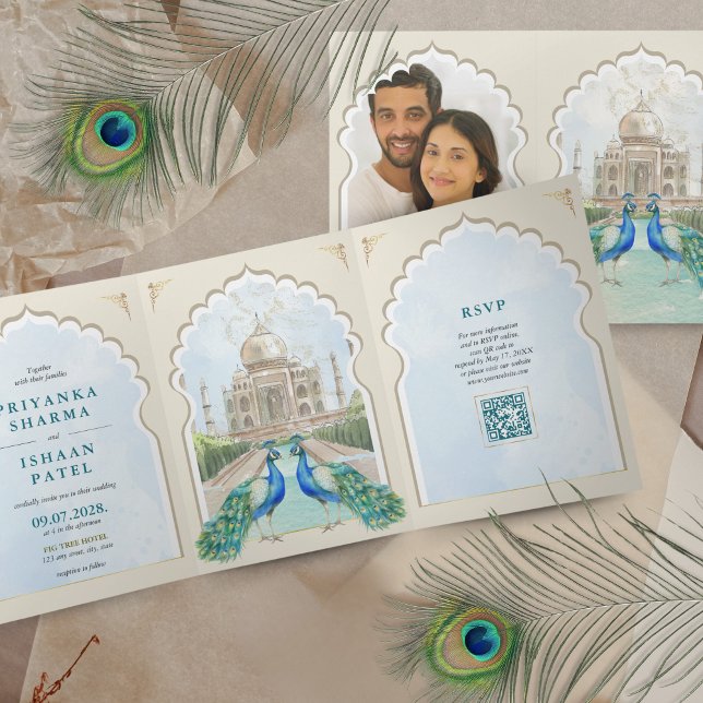 Invitation Trois Volets Indien Peacock Taj Mahal Arch QR Mariage (Indian Wedding Invitation with Taj Mahal and Peacocks, Aesthetic, Minimalist, Colorful QR code)