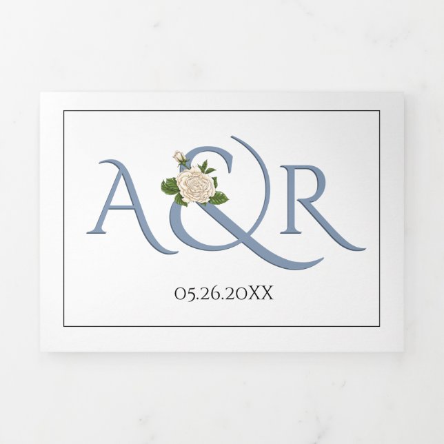Invitation Trois Volets Initiales et ampersand bleu outrepasse, mariage ro (Page de couverture)