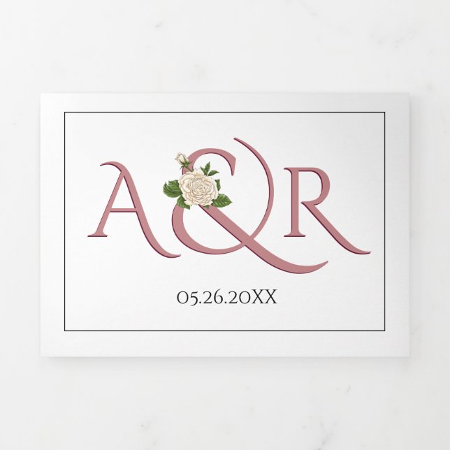 Invitation Trois Volets Initiales et ampersand Dusty rose, mariage rose (Page de couverture)