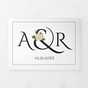 Invitation Trois Volets Initiales et ampersand en noir, blanc, mariage ros