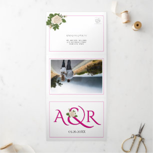 Invitation Trois Volets Initiales et ampersand rose magenta, mariage rose