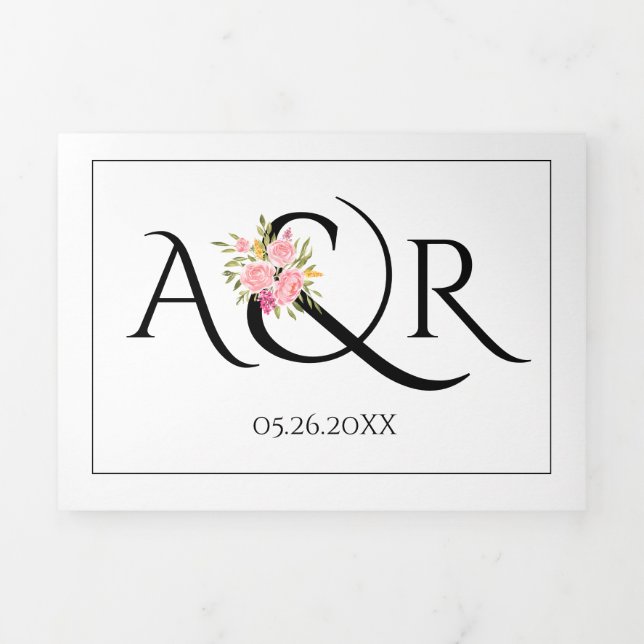 Invitation Trois Volets Initiales noir blanc, mariage roses roses ampersan (Page de couverture)