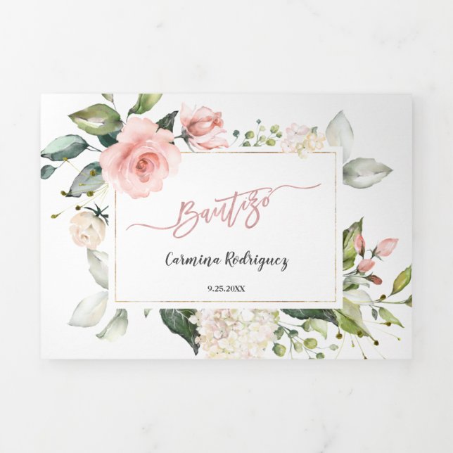 Invitation Trois Volets Invitacion Bautizo Con Flores Photo Baptême (Page de couverture)
