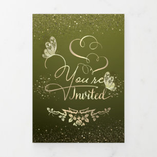 Invitation Trois Volets Invitación de boda verde con purpurpurina