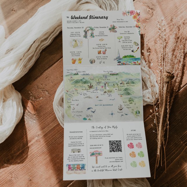 Invitation Trois Volets Itinéraire du Mariage d'aquarelle Puerto Vallarta (Créateur téléchargé)