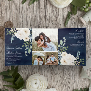 Invitation Trois Volets Ivoire Fleurs de Sauge Feuilles Vertes Photo Maria
