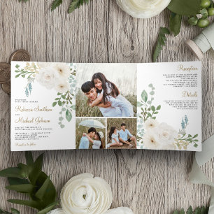 Invitation Trois Volets Ivoire Fleurs de Sauge Feuilles Vertes Photo Maria