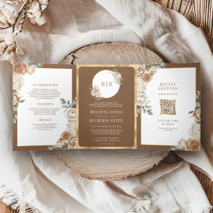 Invitation Trois Volets Ivoire Marron Beige Floral Or Tout en Une Robe de