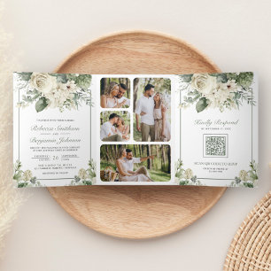 Invitation Trois Volets Ivoire Rose Vert Sauge Floral Code QR Photo Mariag